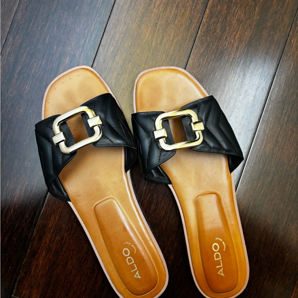 ALDO Black Slide Sandals with Gold Buckle
